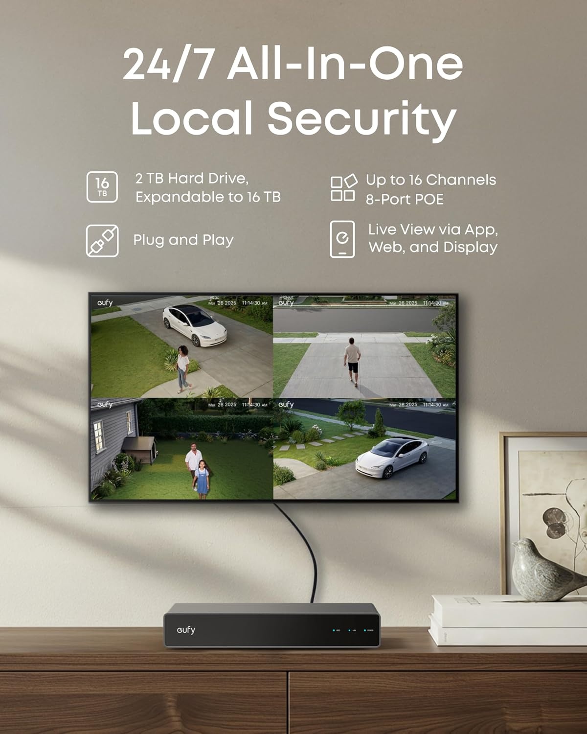 image:imageeufy Security PoE NVR Security System E40247 RecordingUp to 16CH 2TB HDD 8 4K Bullet Cams Wired Outdoor Cam 4K UHD 122 FOV Color Night VisionAI Detection Red and Blue Strobe2BulletPTZ2Bullet Cams