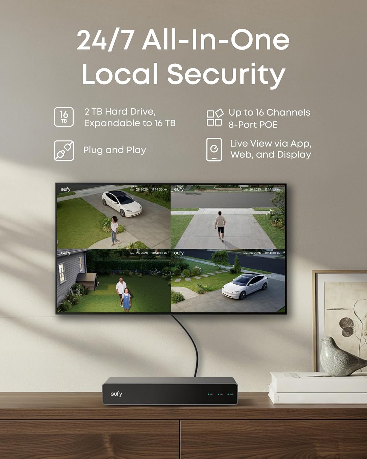 image:imageeufy Security PoE NVR Security System E40247 RecordingUp to 16CH 2TB HDD 8 4K Bullet Cams Wired Outdoor Cam 4K UHD 122 FOV Color Night VisionAI Detection Red and Blue Strobe4 Bullet Cams