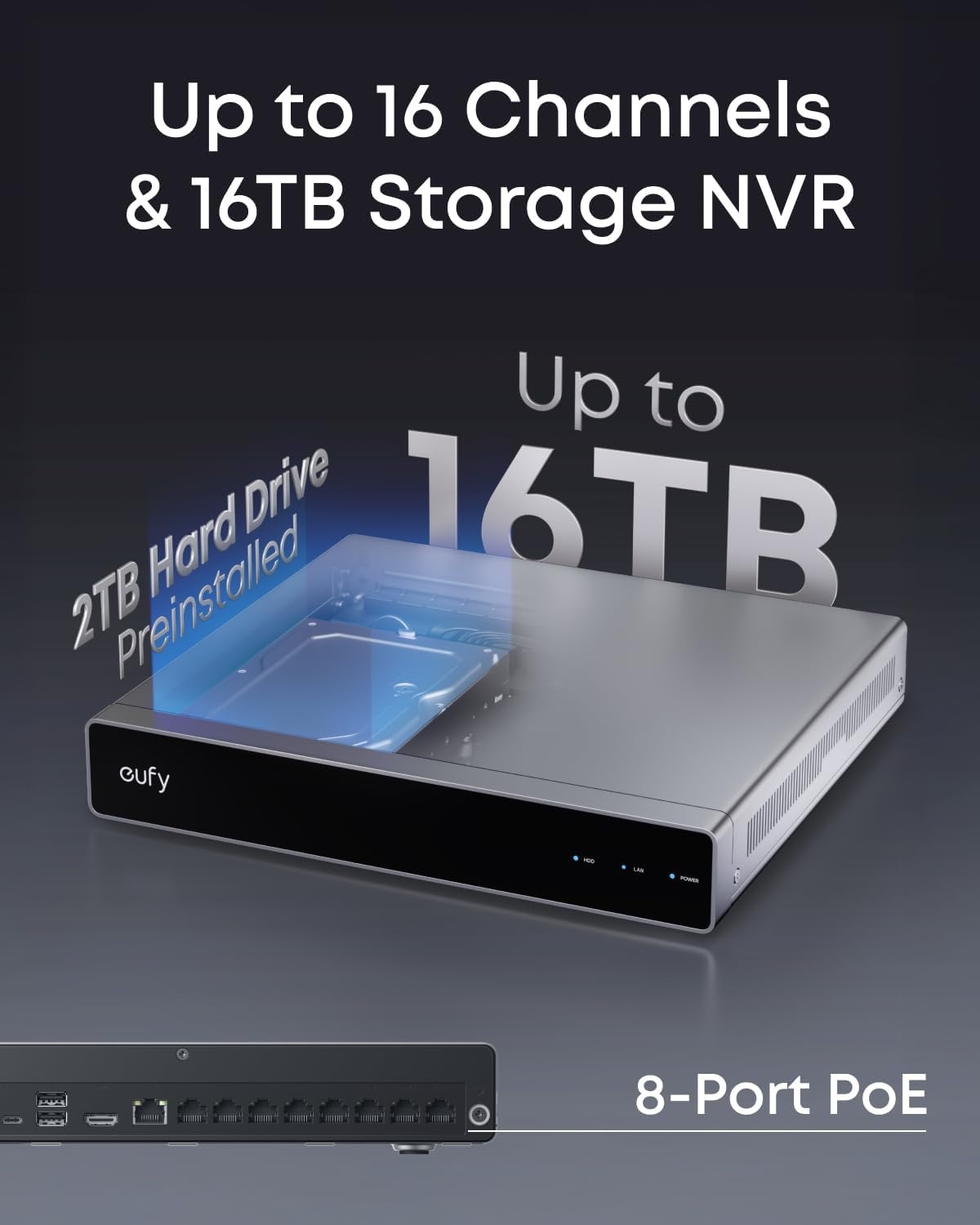 image:imageeufy Security PoE NVR Security System E40247 RecordingUp to 16CH 2TB HDD 8 4K Bullet Cams Wired Outdoor Cam 4K UHD 122 FOV Color Night VisionAI Detection Red and Blue Strobe4 Bullet Cams