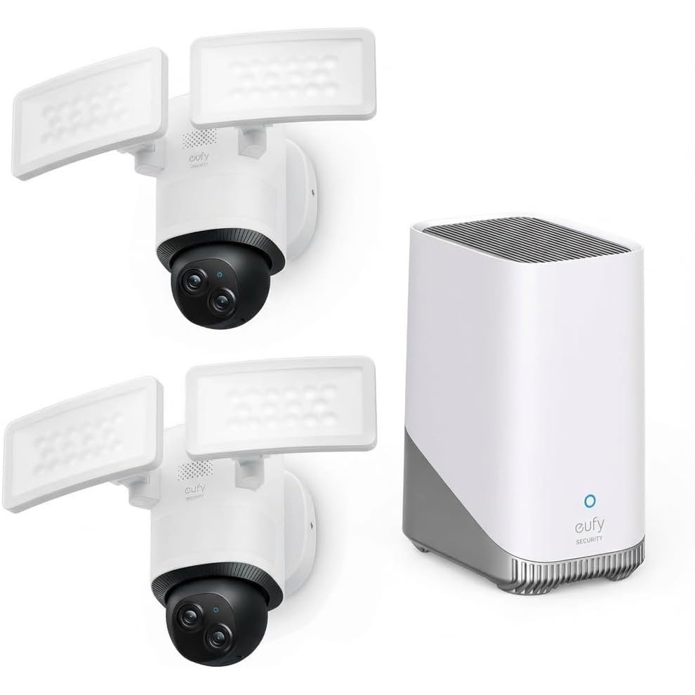 image:imageeufy Security DualLens 360Coverage Floodlight Camera E340Security Camera Outdoor Pan ampTiltAI DetectionampTracking8 Hybrid ZoomNo Monthly Fee 247 Recording DualBand WiFi 6 2000 LMWired2packHomebase3