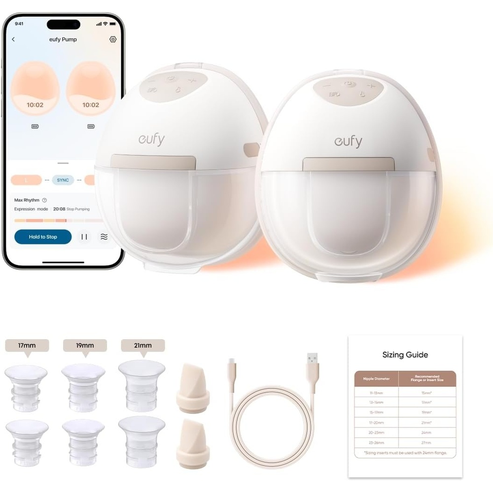 image:imageeufy Security Heated Breast Pump HandsFree E20 Wearable with Innovative HeatFlow 3 Heat Levels Optimized Rhythm via App 300 mmHg Strong Suction Leakproof UltraSlim and Quiet for inBra Use  HeatFlow with 3 Heat Levels App DIY Rhythm Powerful 300mmHg Suction 46dB Quiet Slim Fit BPAFree