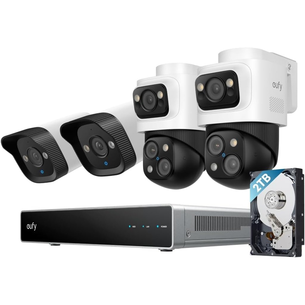 image:imageeufy Security PoE NVR Security System E40247 RecordingUp to 16CH 2TB HDD 8 4K Bullet Cams Wired Outdoor Cam 4K UHD 122 FOV Color Night VisionAI Detection Red and Blue Strobe2BulletPTZ2Bullet Cams