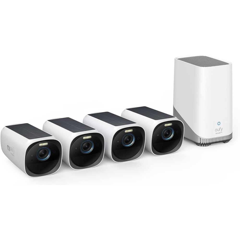 image:imageeufy Security eufyCam S330 eufyCam 3 4Cam Kit Security Camera Outdoor Wireless 4K with Integrated Solar Panel Face Recognition AI Expandable Local Storage Spotlight No Monthly Fee4Cam Kit