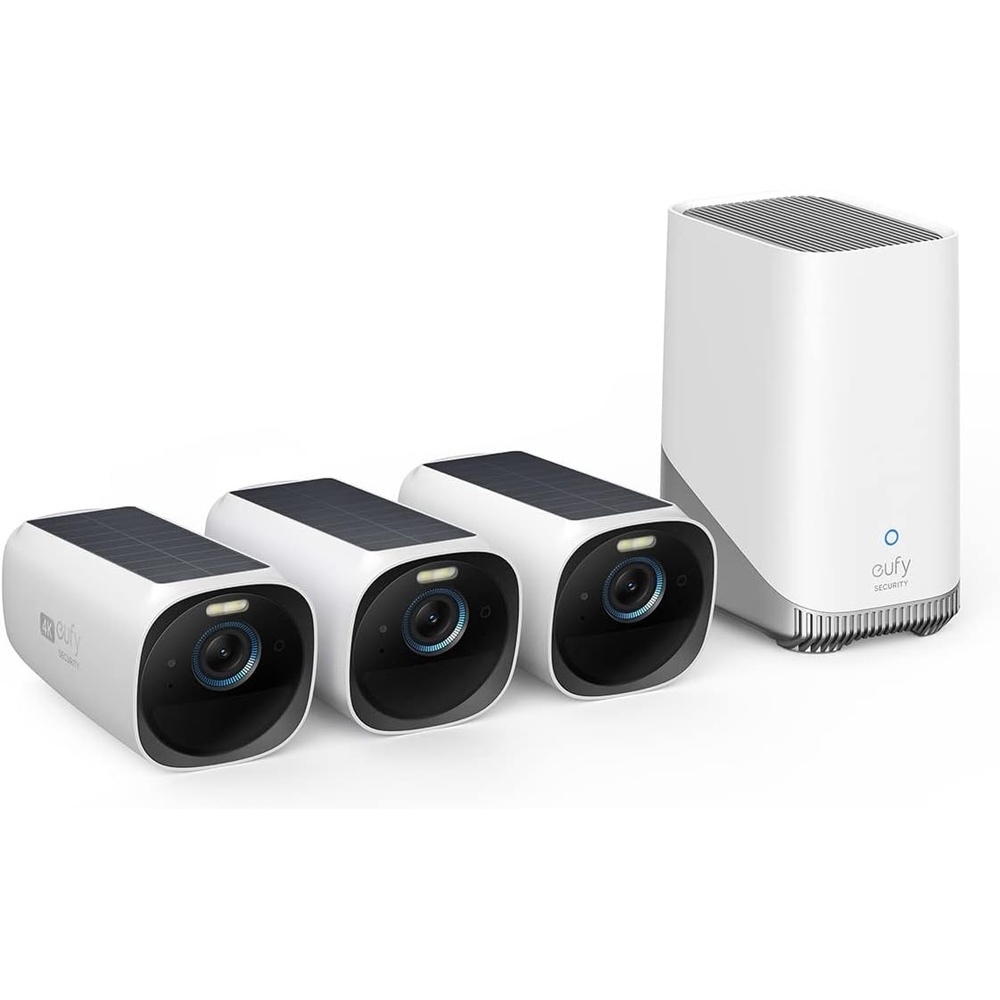 image:imageeufy Security eufyCam S330 eufyCam 3 4Cam Kit Security Camera Outdoor Wireless 4K with Integrated Solar Panel Face Recognition AI Expandable Local Storage Spotlight No Monthly Fee3 Camera Kit