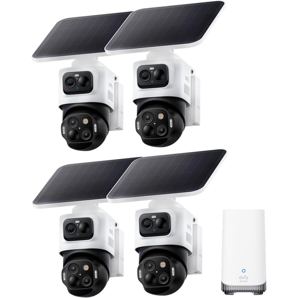 image:imageeufy Security eufyCam S4 4Cam Kit 4K Solar 3Lens PTZ  360 Coverage CrossCam Tracking AI Facial Recognition 8X Auto Zoom No Monthly Fee Expandable up to 16TB4Cam Kit