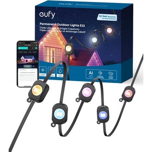 eufy Permanent Outdoor Lights E22, 100ft+ 50ft kit (Total 150ft) with 90 Triple-LED Lights, Smart RGBWW, Up to IP67 Waterproof, AI Lighting Themes for Halloween, Christmas, Links with Cameras, White(Black)