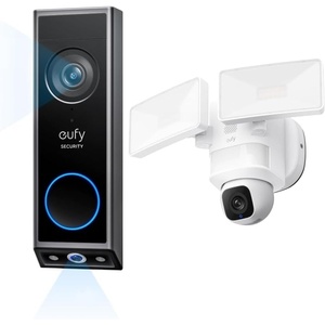 eufy Security Floodlight Camera E30 with Video Doorbell E340 (Battery Powered), 360° Pan and Tilt, AI Detection and Tracking, 2K Video, 2.4GHz Wi-Fi, Custom Voice and Light Alerts, 24/7 Recording